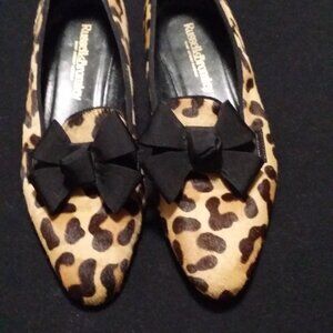 Russell and Bromley loafers. calf hide leopard print,  with black bow,  38.5.
